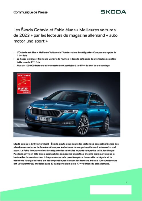 Les Škoda Octavia et Fabia élues « Meilleures voitures de 2023