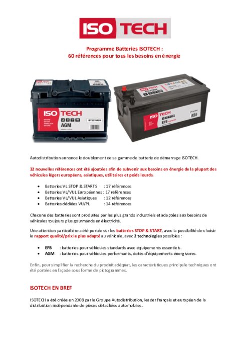 Autodistribution double sa gamme de batteries Isotech