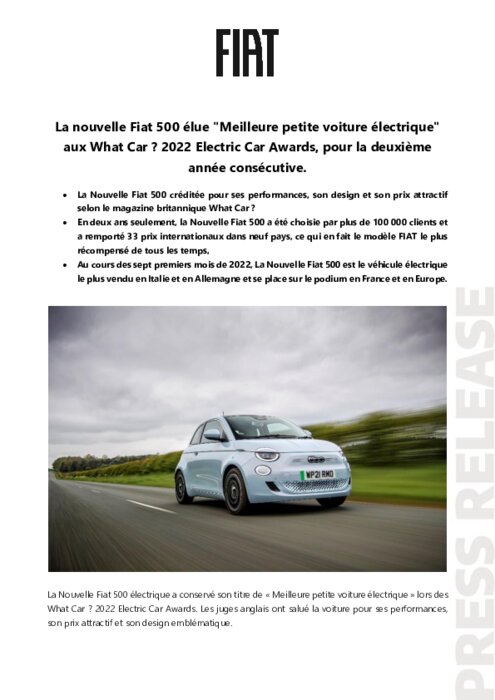 La Fiat 500 réélue Meilleure petite voiture électrique